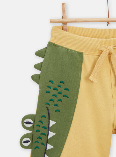 Yellow Jersey Cotton Shorts With Crocodile Applique