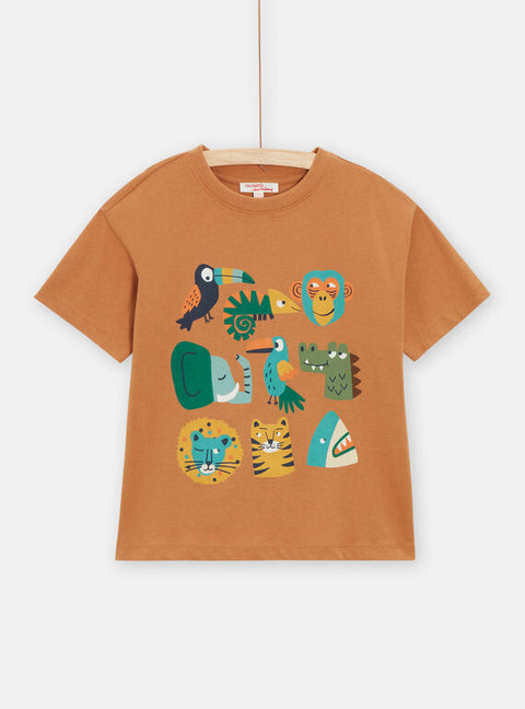 Brown Jungle Animal Print Short Sleeve Cotton T-shirt