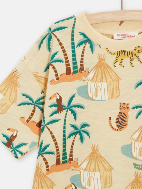 Yellow Palm Tree Print Short Sleeve Cotton T-shirt