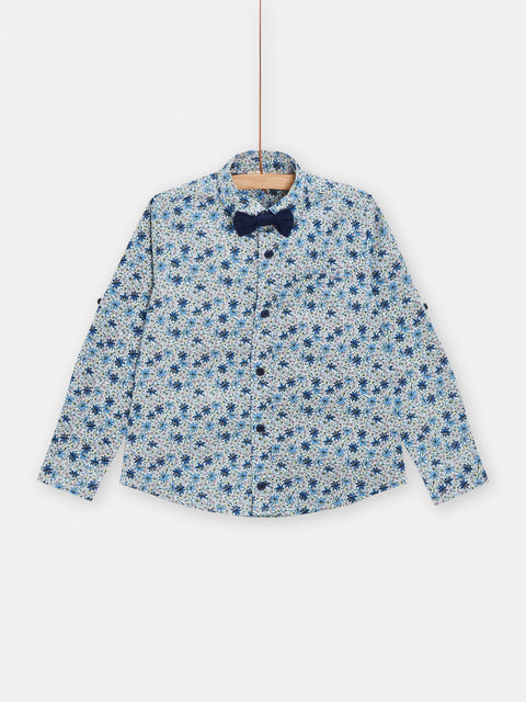 Blue Ditsy Print Cotton Shirt With Dickie Bow