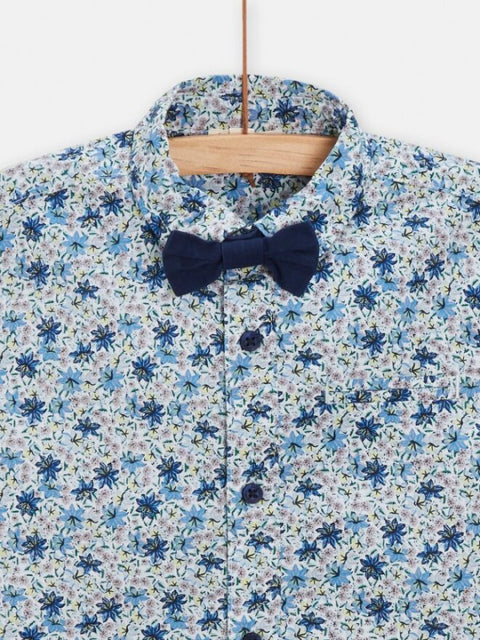 Blue Ditsy Print Cotton Shirt With Dickie Bow