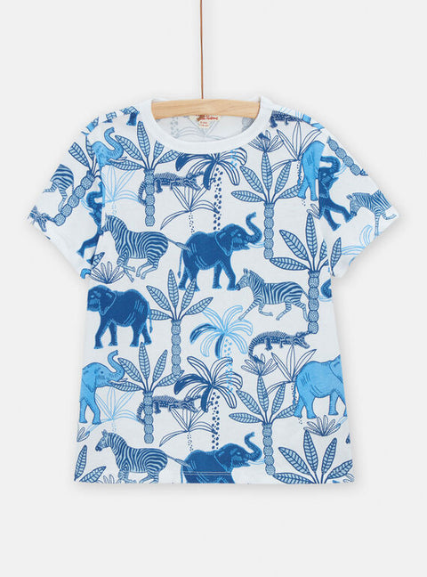 Blue & White Jungle Animal Print Cotton T-shirt