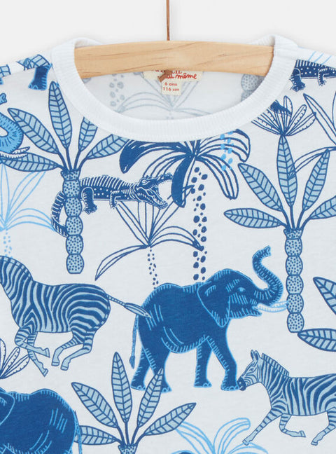 Blue & White Jungle Animal Print Cotton T-shirt