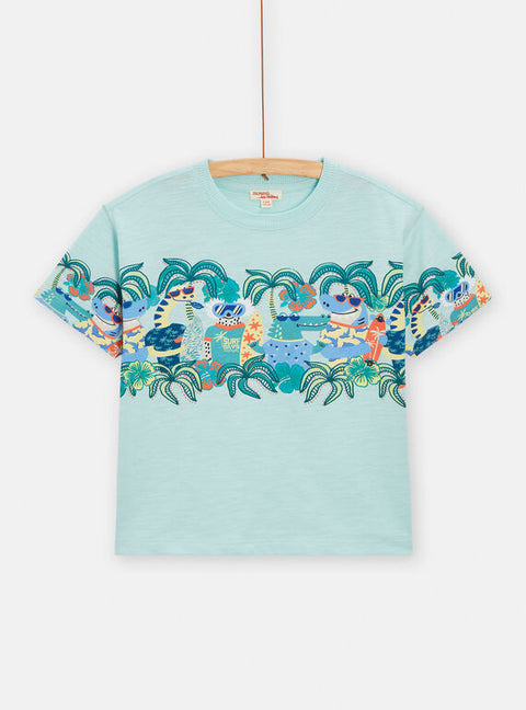 Turquoise Animal Print Short Sleeve Cotton T-shirt