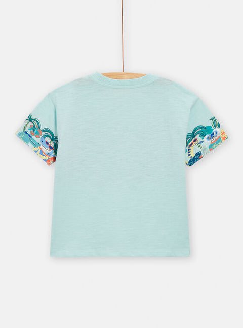 Turquoise Animal Print Short Sleeve Cotton T-shirt