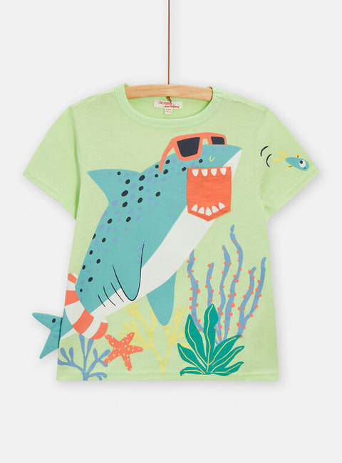 Green Shark Print Short Sleeve Cotton T-shirt