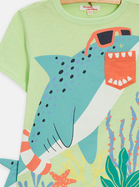 Green Shark Print Short Sleeve Cotton T-shirt