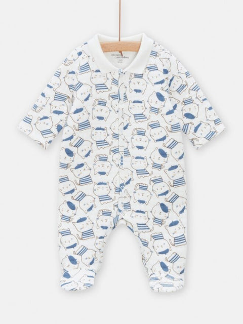 Blue & White Cat Print Cotton Sleepsuit With Collar