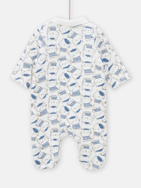 Blue & White Cat Print Cotton Sleepsuit With Collar