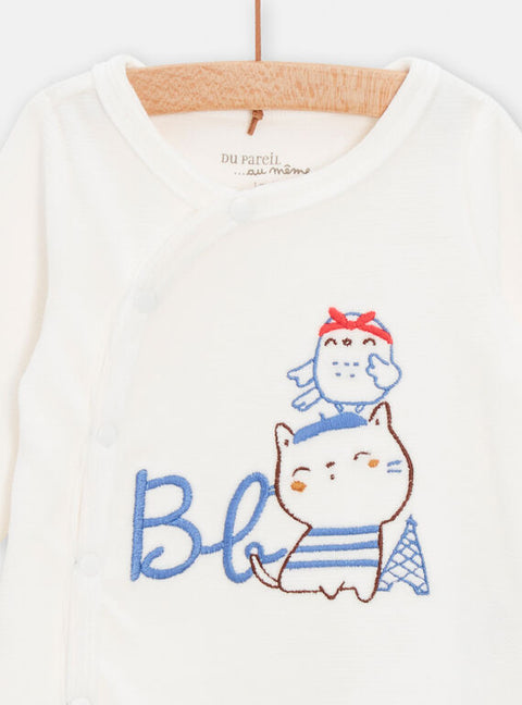 White Newborn Velour Sleepsuit With Bird & Cat Embroidery