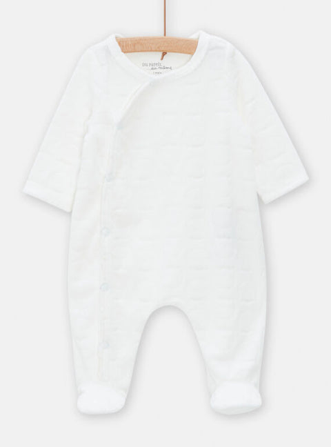 Newborn Plain White Embossed Velour Sleepsuit