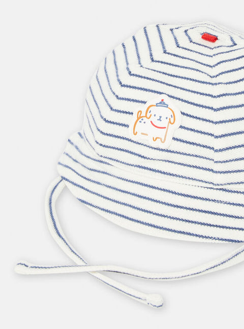 Newborn Blue & White Stripe Cotton Bucket Hat With Ties