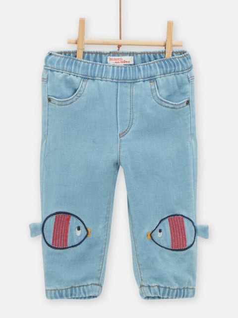 Light Blue Denim Jeans With 3D Fish Appliques