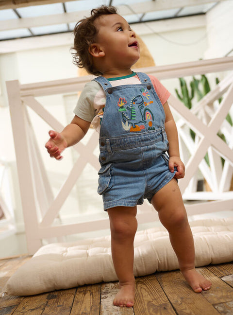 Short Denim Dungarees With Dinosaur Embroidery