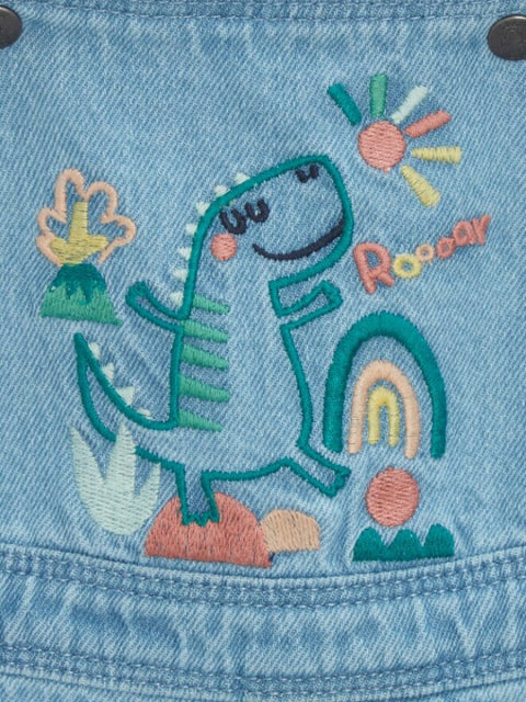 Short Denim Dungarees With Dinosaur Embroidery