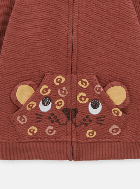 Brown Cotton Pique Cardigan With Bear Applique
