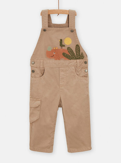 Lined Beige Cotton Dungarees With Embroidered Hippo