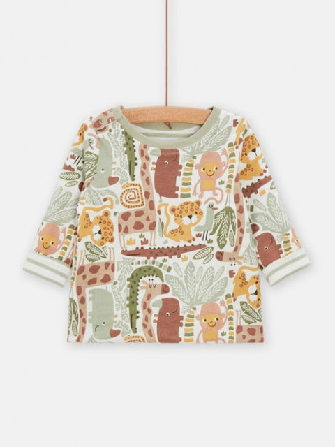 Green & Cream Stripe Cotton T-shirt With Jungle Animal Print On Reverse