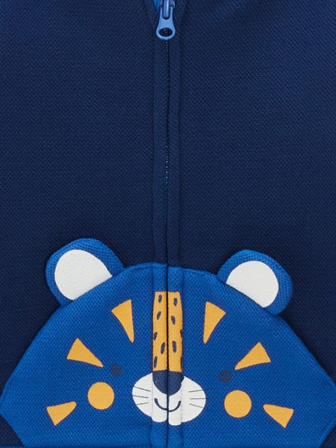 Navy Cotton Pique Sweatshirt With Bear Applique