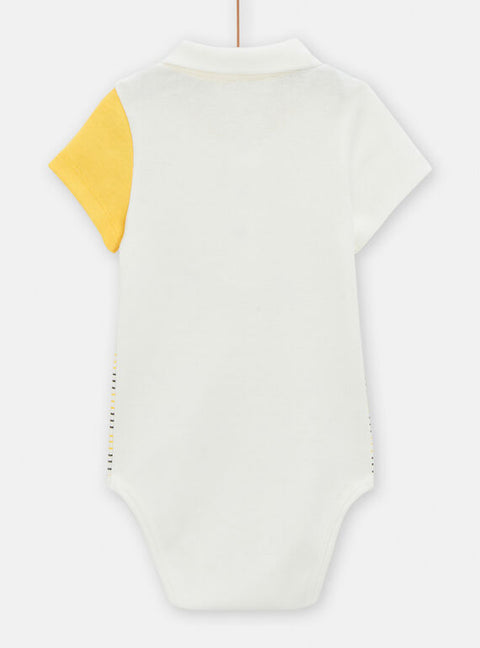 White Cotton Bodysuit With Yellow & Grey Stripe