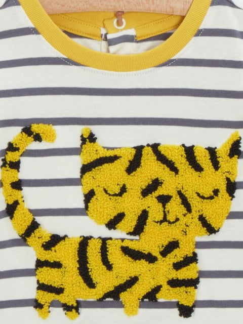 Cream Stripe Short Sleeve Cotton T-shirt With Cat Applique