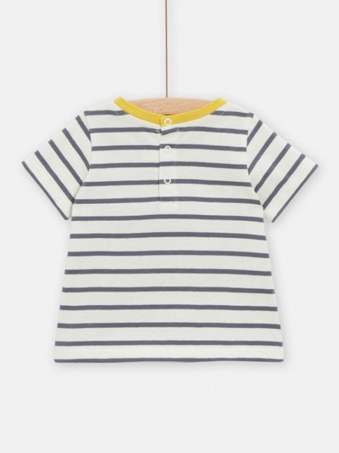 Cream Stripe Short Sleeve Cotton T-shirt With Cat Applique