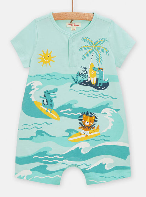 Turquoise Surfing Lion Print Cotton All In One