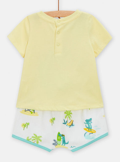 Yellow Surfing Print Cotton T-shirt & Shorts Set
