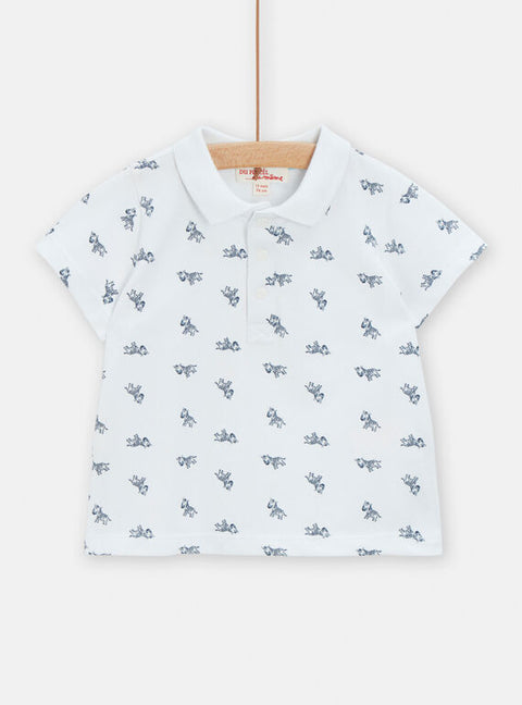 White Zebra Print Cotton Pique Polo Shirt