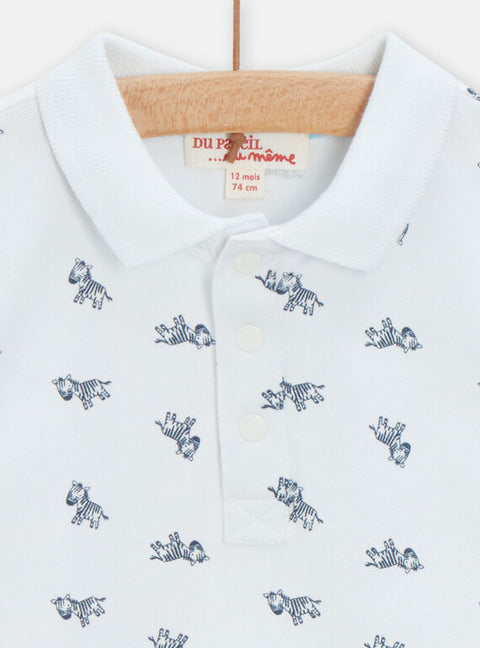 White Zebra Print Cotton Pique Polo Shirt
