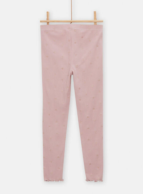 Pink Ribbed Cotton Leggings With Gold Floral Pattern