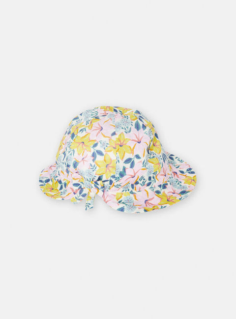 Pink Floral Print Cotton Hat With Ties