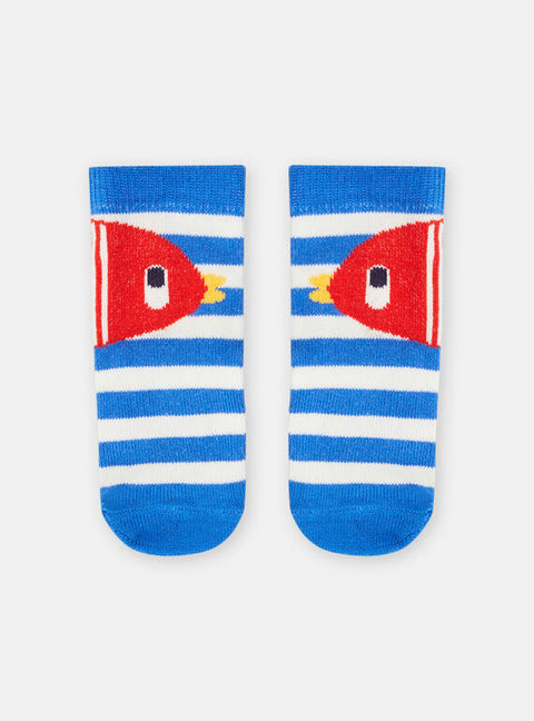 Blue Stripe Fish Pattern Cotton Rich Socks