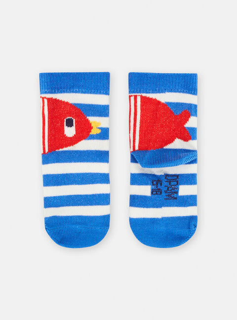 Blue Stripe Fish Pattern Cotton Rich Socks
