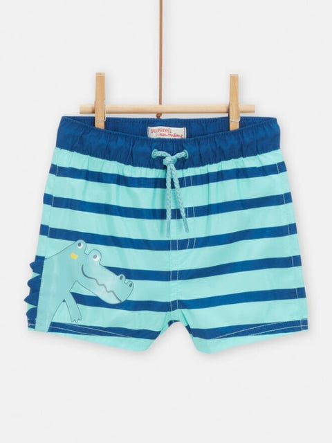 Turquoise Stripe Swim Shorts With Crocodile Print