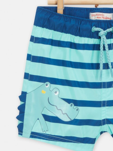 Turquoise Stripe Swim Shorts With Crocodile Print