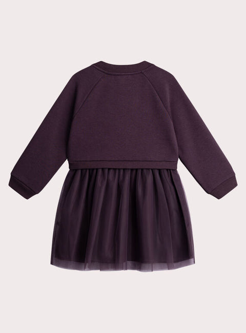 Aubergine Cotton Fleece Dress With Tulle Skirt