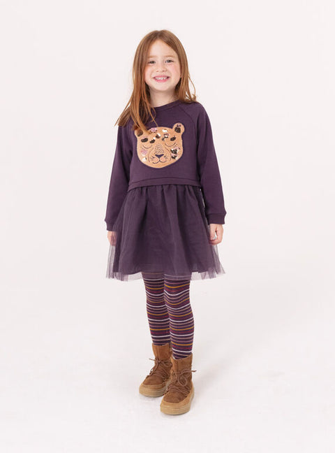 Aubergine Cotton Fleece Dress With Tulle Skirt