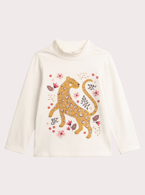 Cream Cotton Polo Neck With Panther Animation