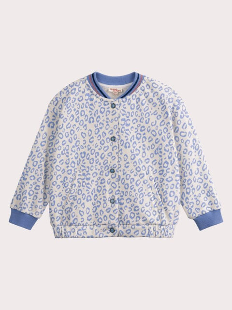 Blue Leopard Print Cotton Rich Fleece Baseball Jacket