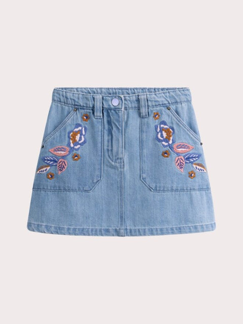 Denim Skirt With Floral Embroidered Pockets