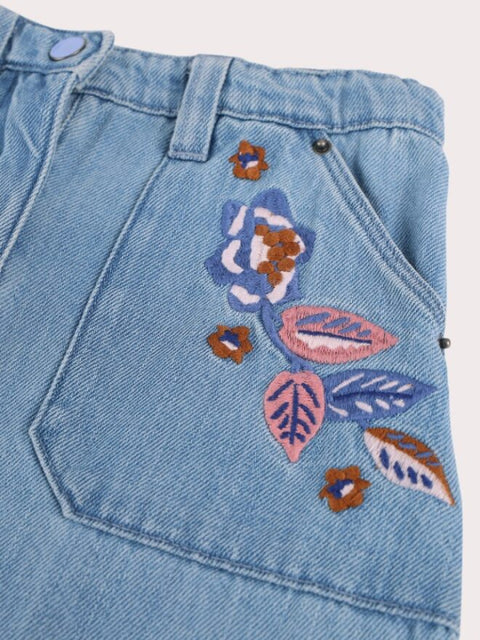 Denim Skirt With Floral Embroidered Pockets