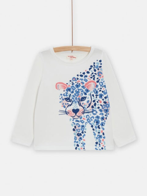 Cream Leopard Glitter Print Long Sleeve Cotton T-shirt