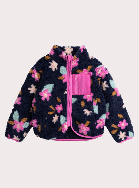 Navy Floral Print Sherpa Jacket