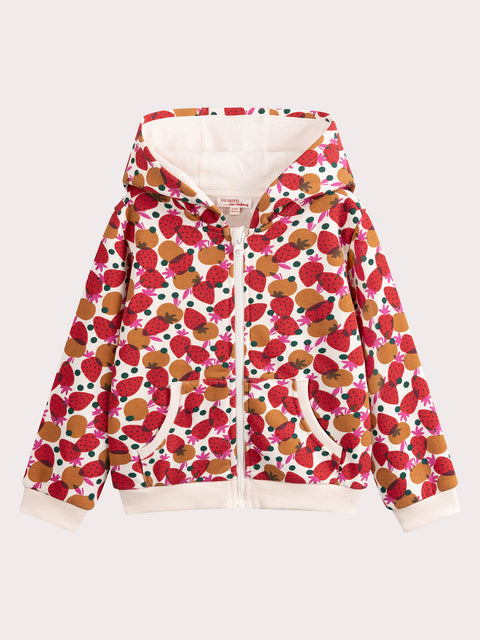 Cream Strawberry Print Cotton Fleece Hoodie