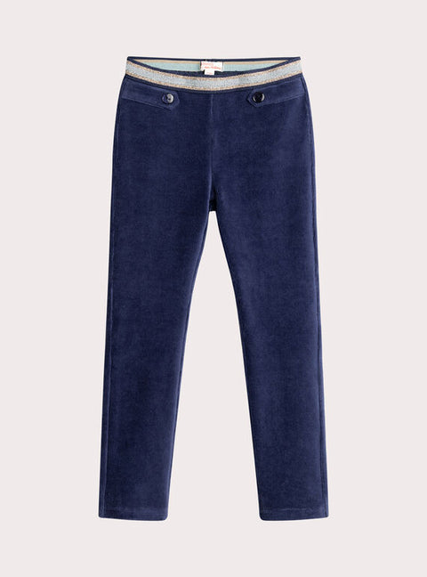 Navy Cotton Rich Velour Trousers With Glitter Waistband