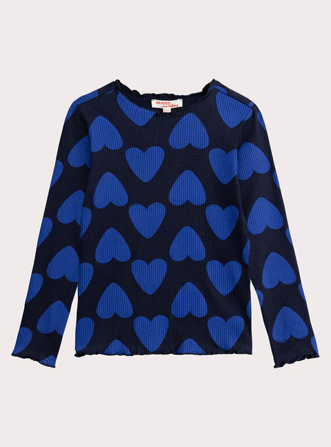 Ribbed Navy Heart Print Cotton T-shirt