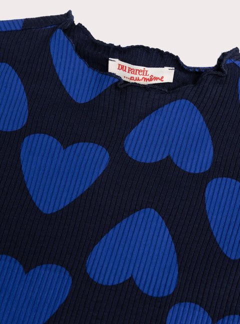 Ribbed Navy Heart Print Cotton T-shirt