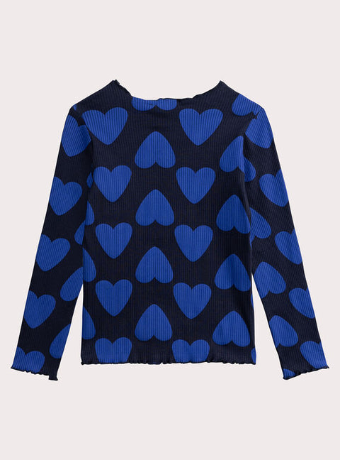 Ribbed Navy Heart Print Cotton T-shirt