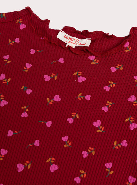 Ribbed Red Floral Print Cotton T-shirt